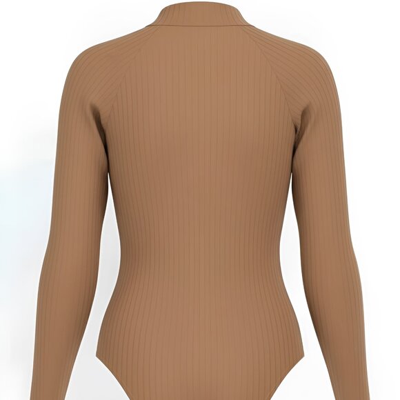 Smooth Fit Ribbed Mock Neck Bodysuit- Light Mocha - Picture 3 of 3